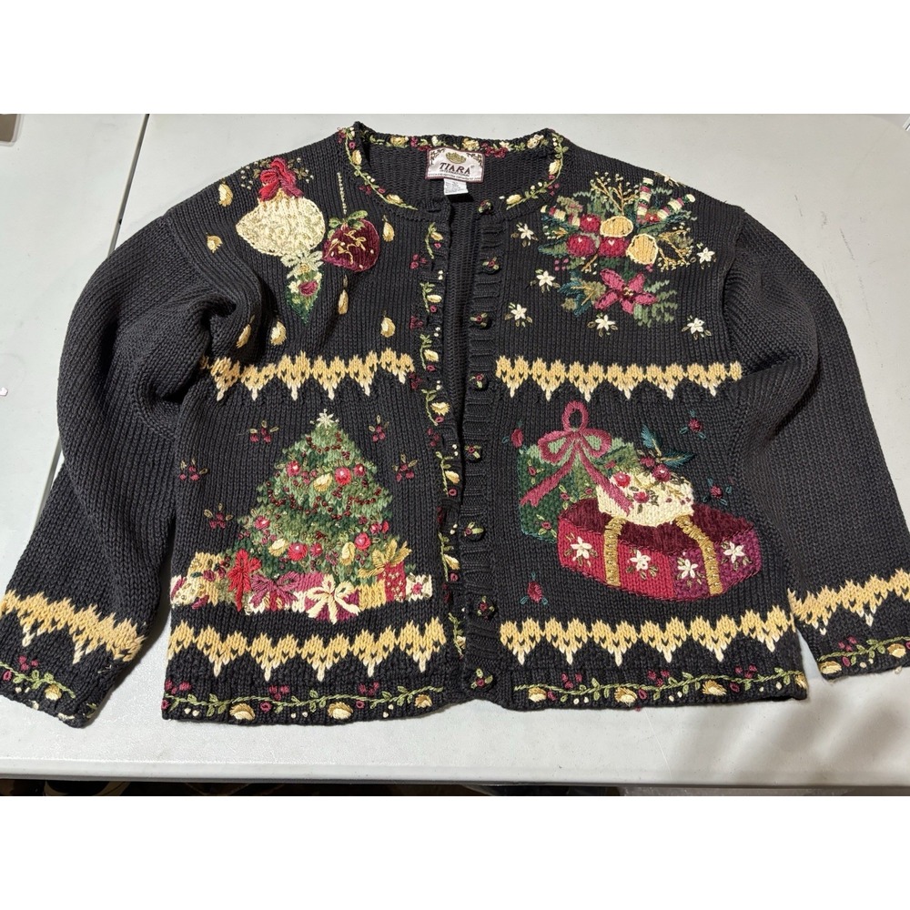 Tiara International‎ Vintage 90s Christmas Tree Full Zip Sweater Women's Size L